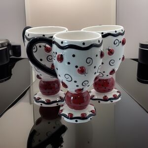 Set of 3 Ladybug Pedestal Mugs Hand Painted FIB Flowers Inc Balloons Cottagecore